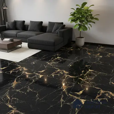 Modern living room with black marble look floor tiles and gold veins