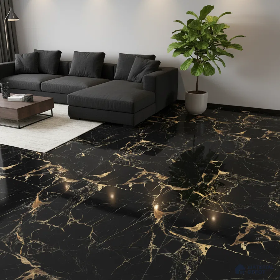 Modern living room with black marble look floor tiles and gold veins