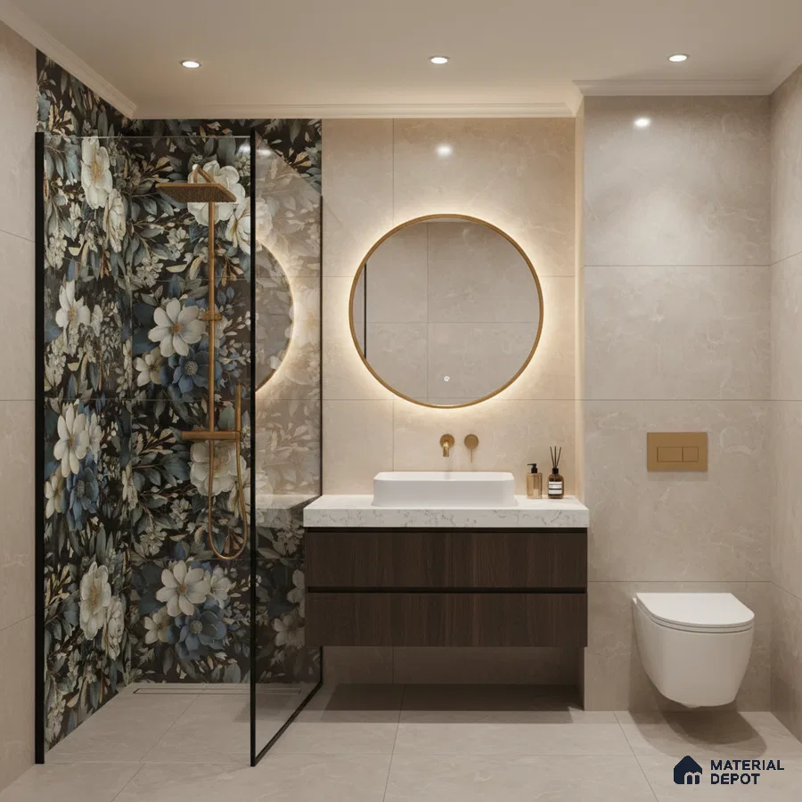 Modern bathroom with floral highlighter wall tiles, beige marble-look tiles, and floating wood vanity