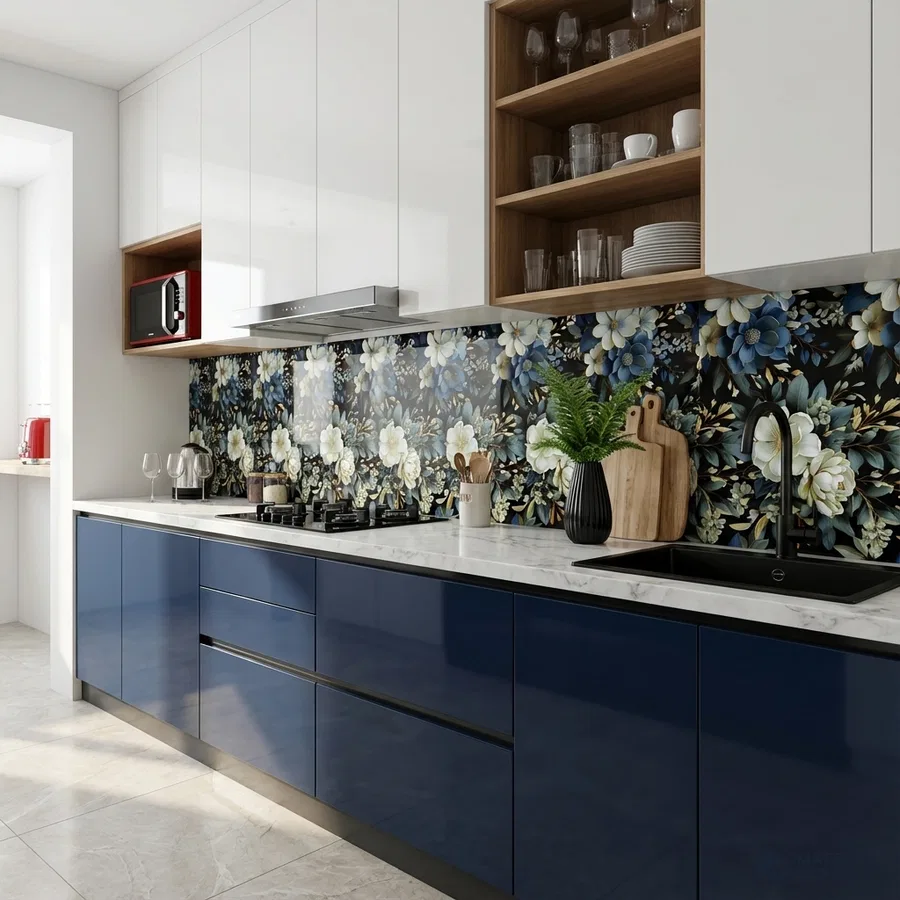 Modern kitchen with navy blue high gloss laminate, white quartz countertop, and floral patterned backsplash tile