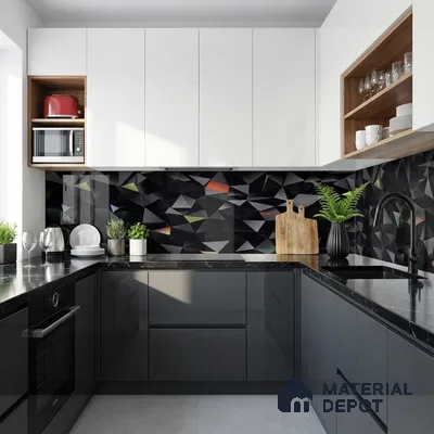 Modern kitchen with glossy white and grey laminate, black quartz countertop, geometric backsplash tile