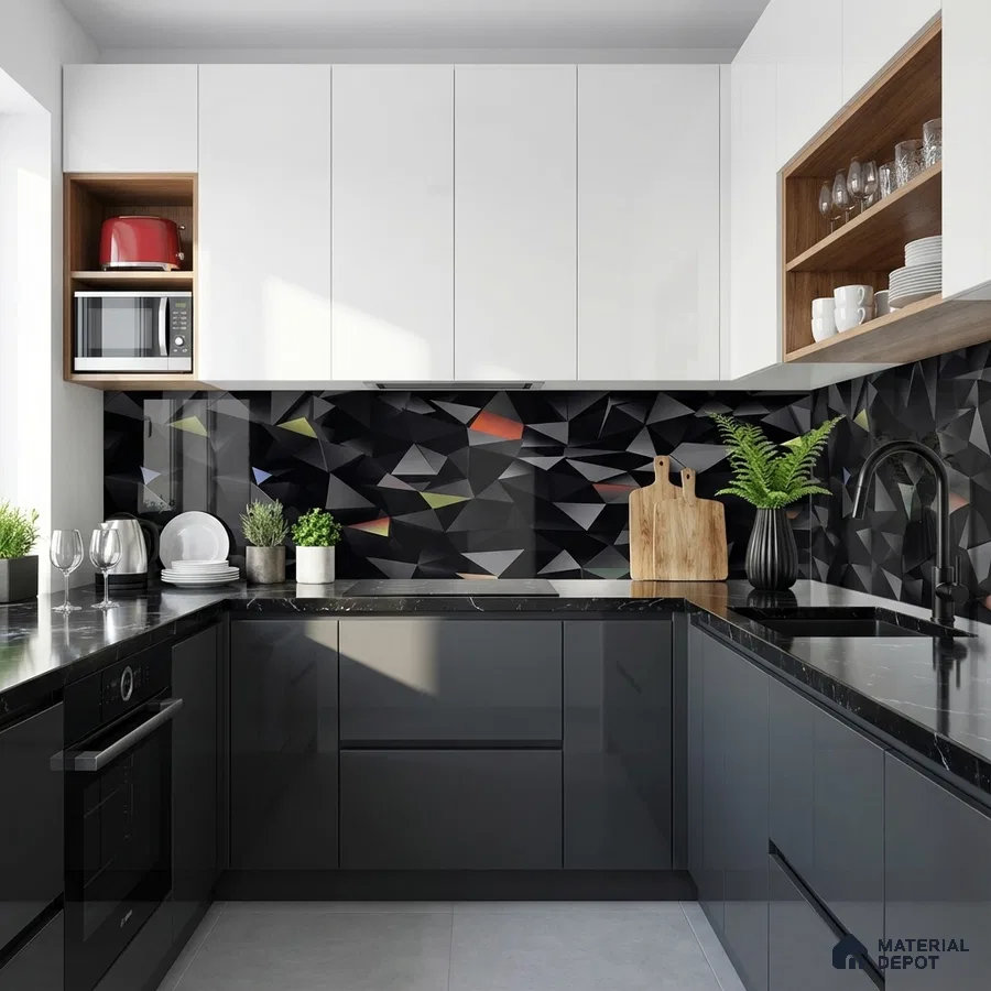 Modern kitchen with glossy white and grey laminate, black quartz countertop, geometric backsplash tile