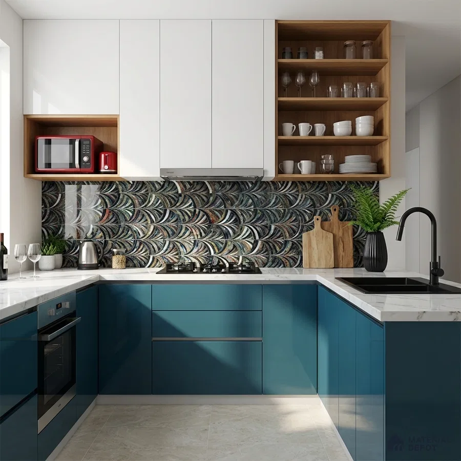Modern kitchen with teal blue high gloss laminate, white quartz countertop, and patterned backsplash tile