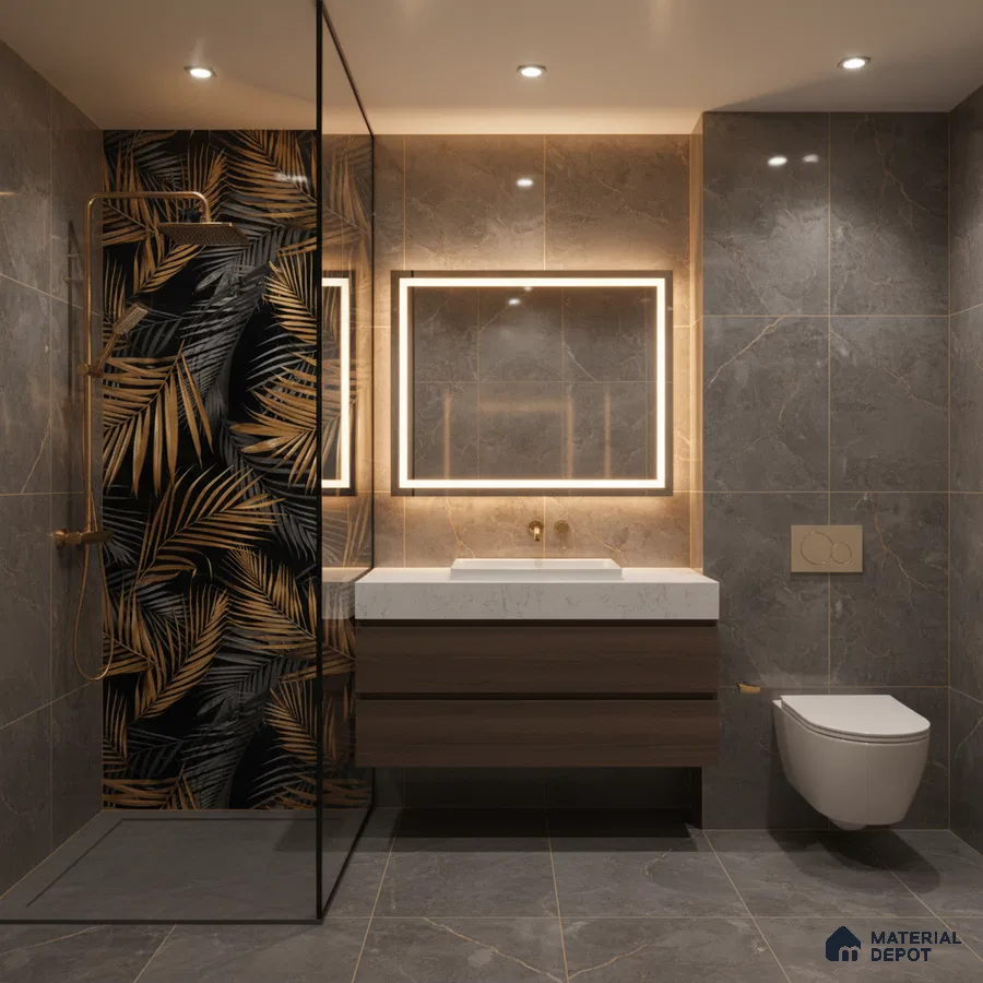Modern bathroom with grey marble tiles, gold tropical highlighter tile, and floating wood vanity