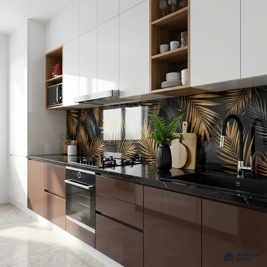 Modern kitchen with glossy brown laminate, white laminate, and tropical leaf patterned backsplash tile