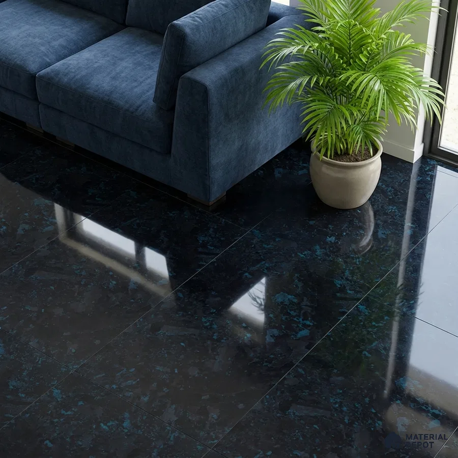 Modern living room with blue velvet sofa and glossy black marble floor tiles