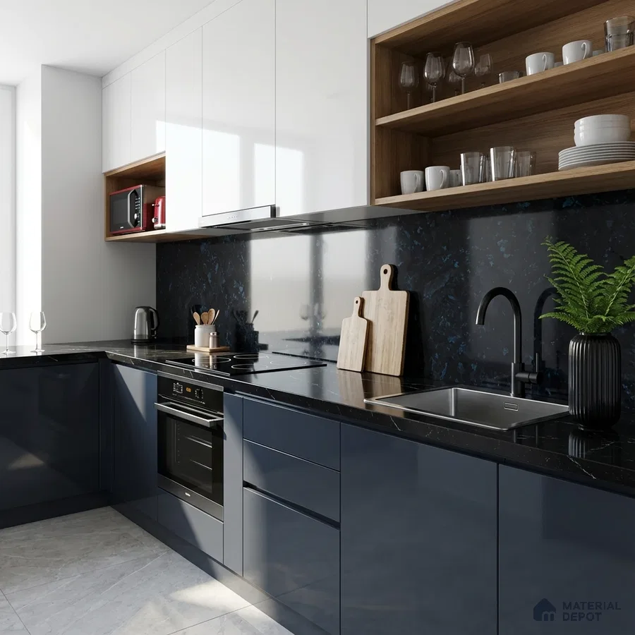 Modern kitchen with navy blue high gloss laminate, black quartz countertop, and white upper cabinets