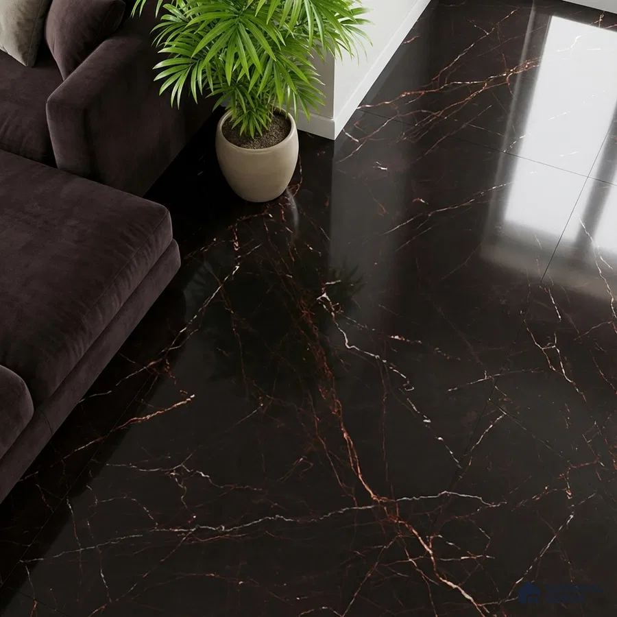 Modern living room with high gloss black marble floor tile and dark velvet sofa