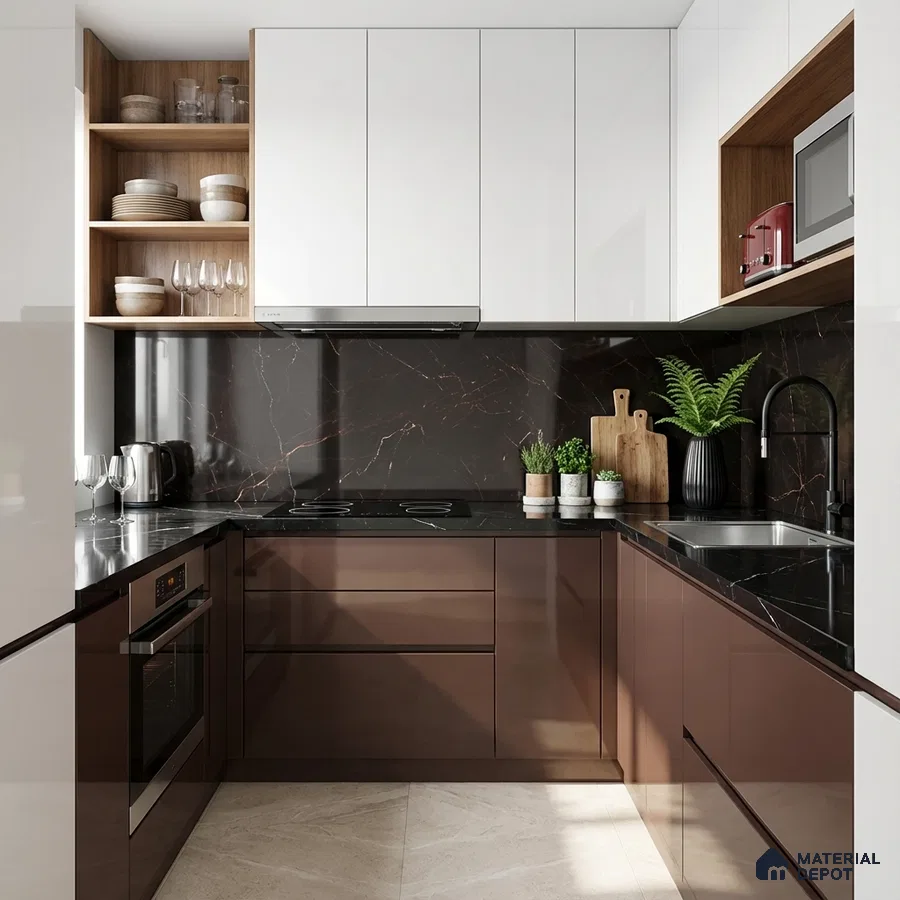 Modern kitchen with glossy brown laminate, white laminate, and black marble backsplash