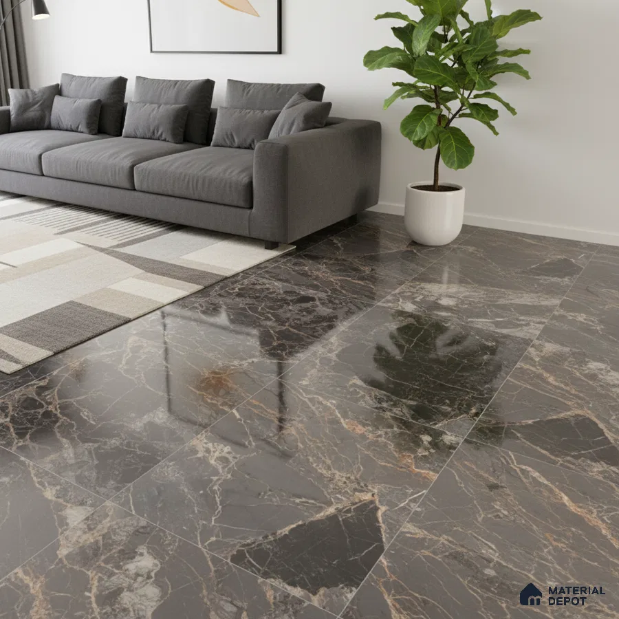 Modern living room with glossy dark marble floor tiles and grey fabric sofa