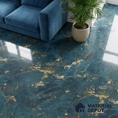 Modern living room with blue and gold marble-look floor tiles and velvet blue sofa