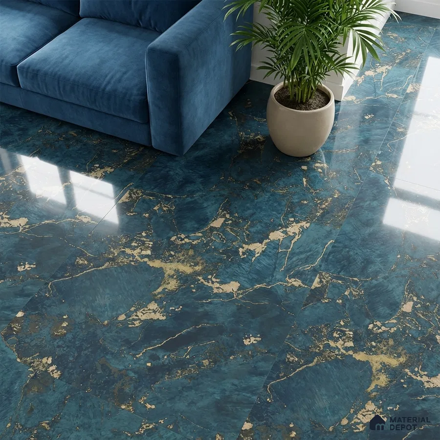 Modern living room with blue and gold marble-look floor tiles and velvet blue sofa