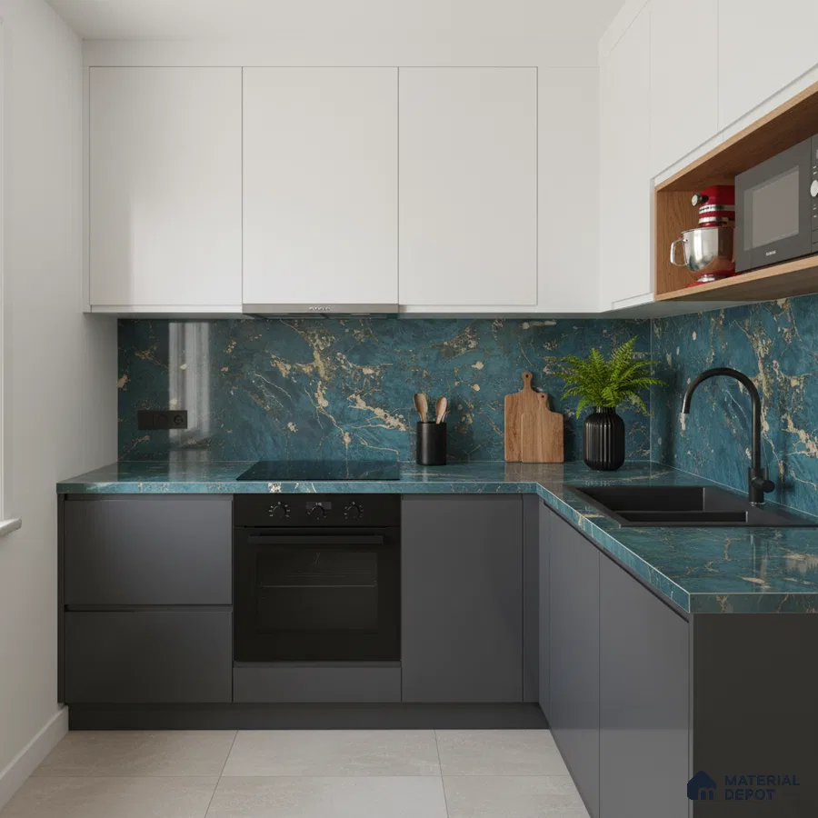 Modern kitchen with teal marble-look countertop and backsplash, white and grey laminate cabinets