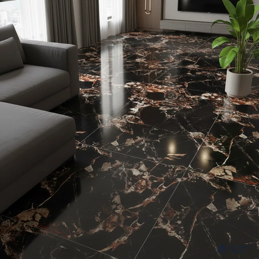 Modern living room with black marble-look polished floor tiles