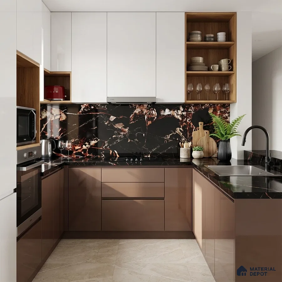 Modern kitchen with brown high gloss laminate, black marble-look backsplash, and white upper cabinets