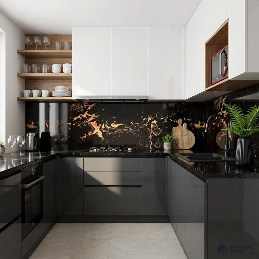 Modern kitchen with black marble-look backsplash, glossy grey and white laminate cabinets