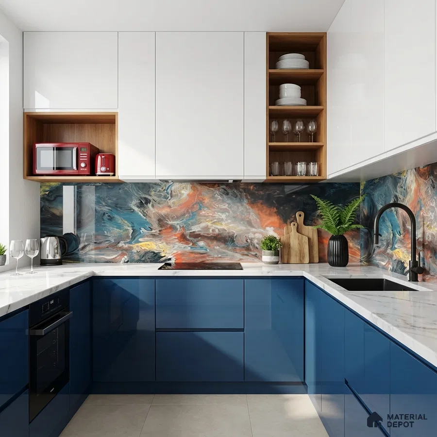 Modern kitchen with blue high gloss laminate, white quartz countertop, and abstract backsplash tile
