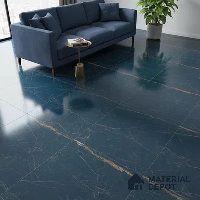 Modern living room with blue marble-look floor tiles and navy blue fabric sofa