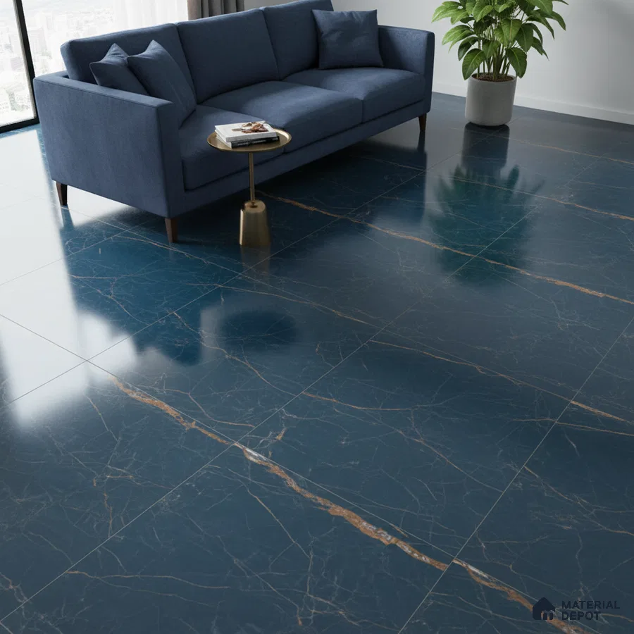 Modern living room with blue marble-look floor tiles and navy blue fabric sofa