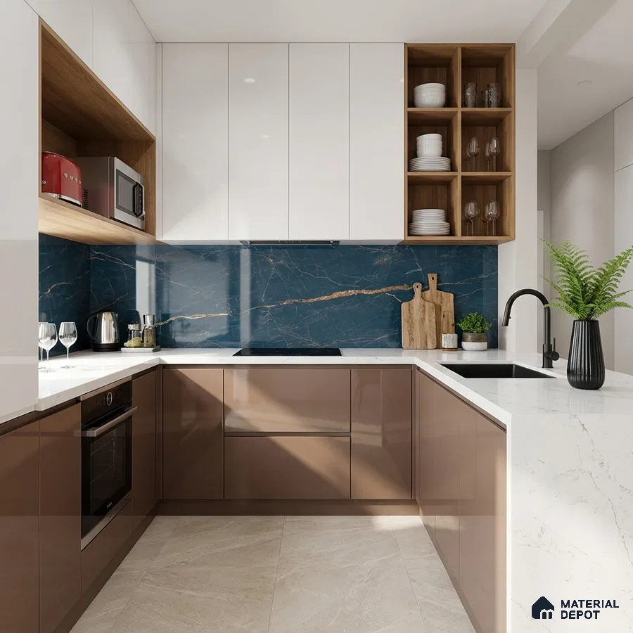 Modern U-shaped kitchen with glossy brown and white laminate, blue marble-look backsplash, and white quartz countertop