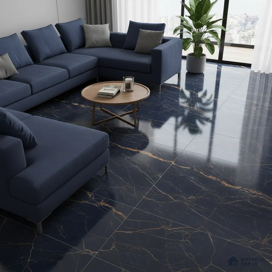 Modern living room with navy blue marble floor tiles and blue sectional sofa