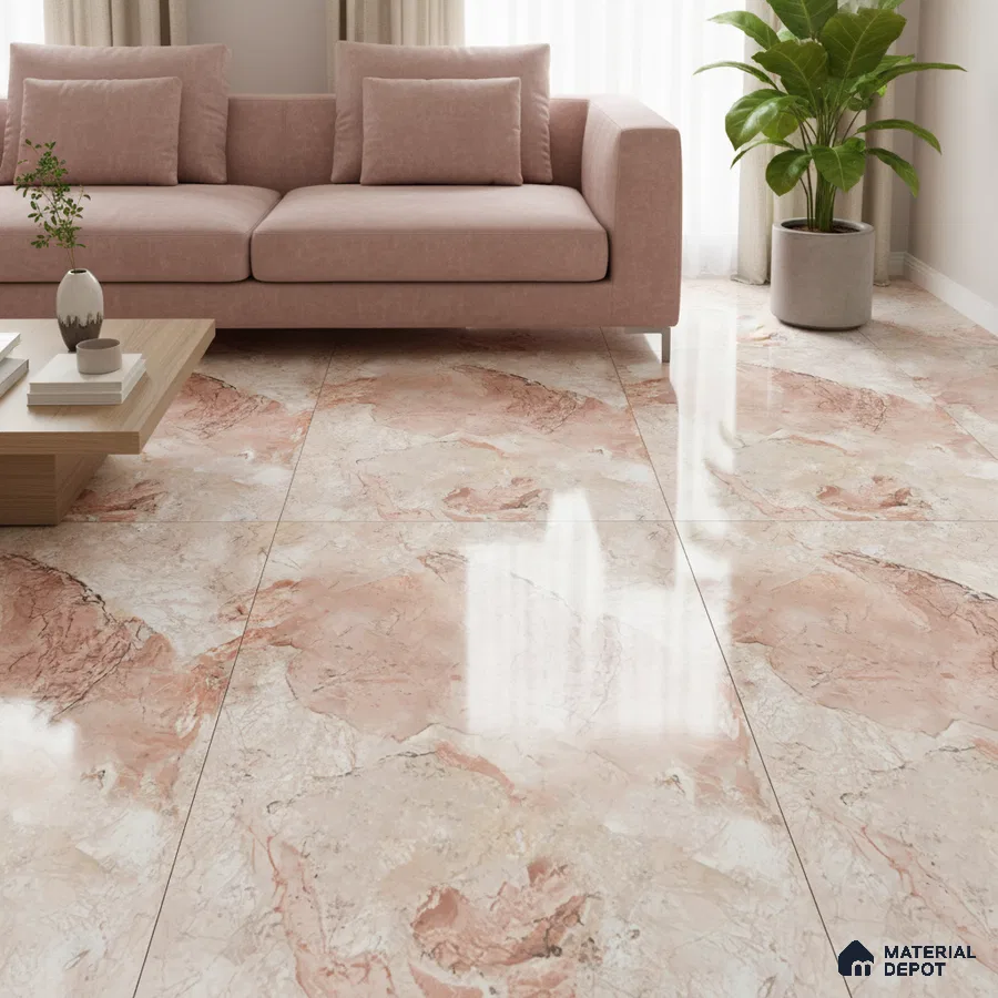 Modern living room with blush pink marble-look floor tiles and pastel upholstery