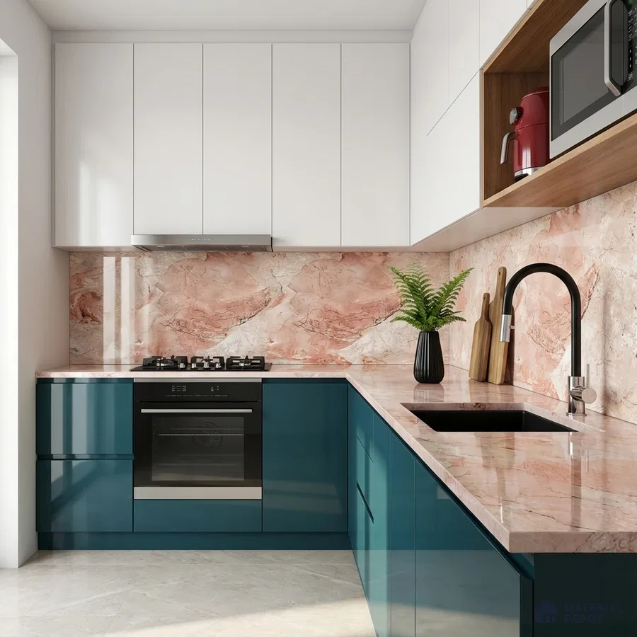 Modern kitchen with teal high gloss laminate, white laminate, and peach marble-look backsplash and countertop