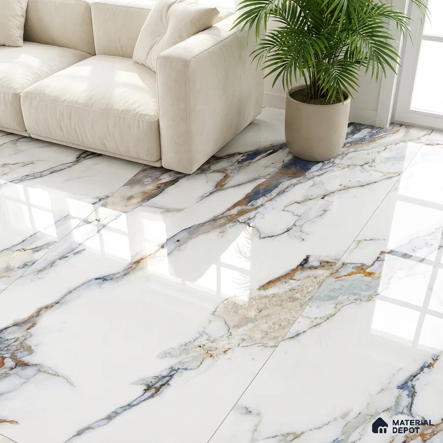 Modern living room with high gloss marble-look floor tiles and beige fabric sofa