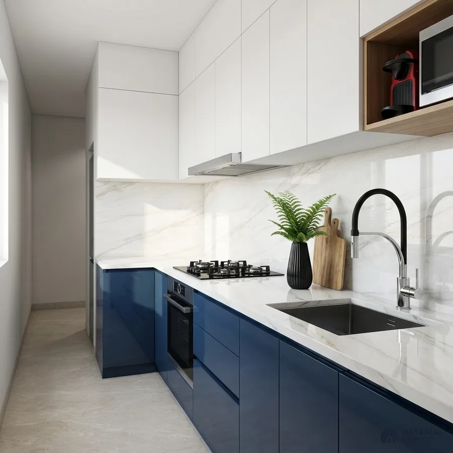 Modern kitchen with navy blue high gloss laminate, frosty white laminate, and marble-look backsplash