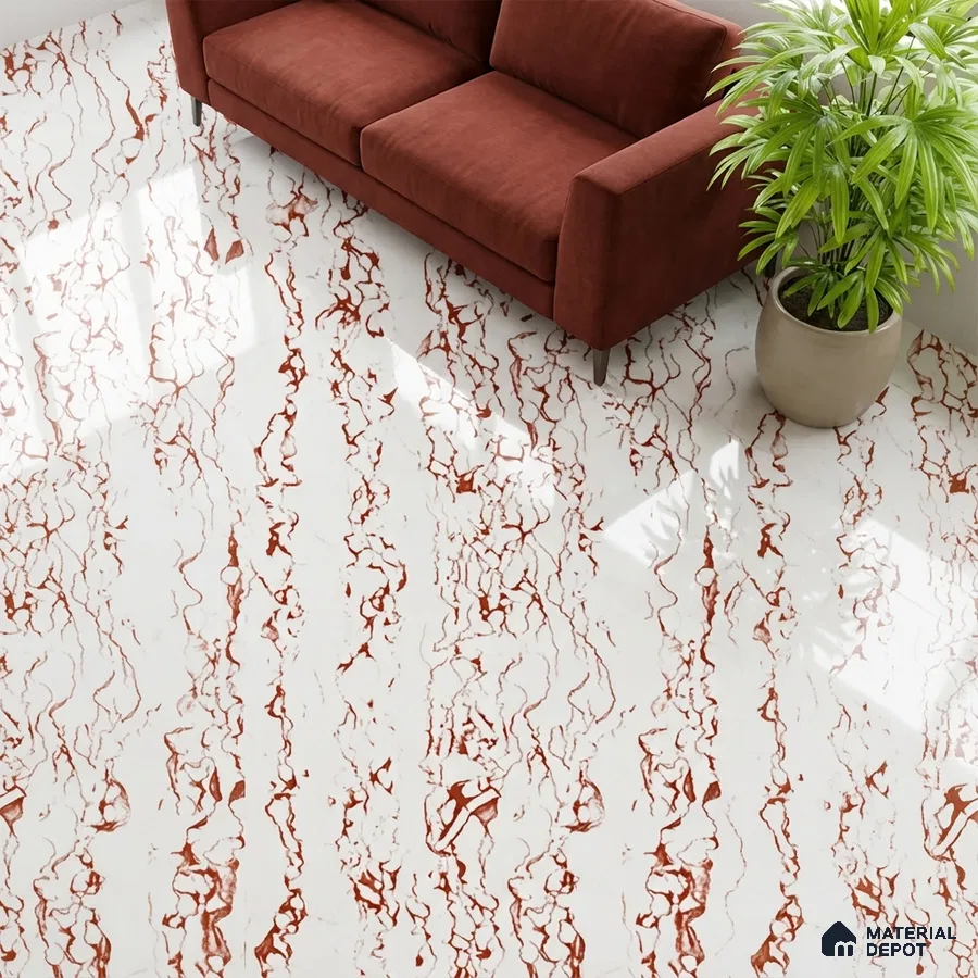 Modern living room with rust vein marble-look floor tiles and terracotta sofa