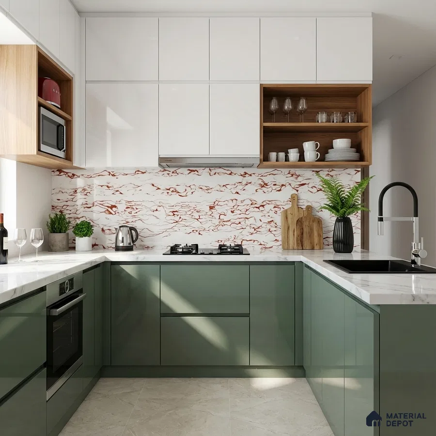 Modern kitchen with sage green and white laminate, marble-look backsplash tile, and white quartz countertop