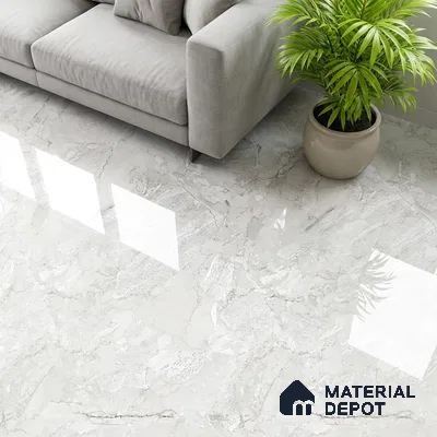 Modern living room with glossy marble-look floor tiles and light grey fabric sofa