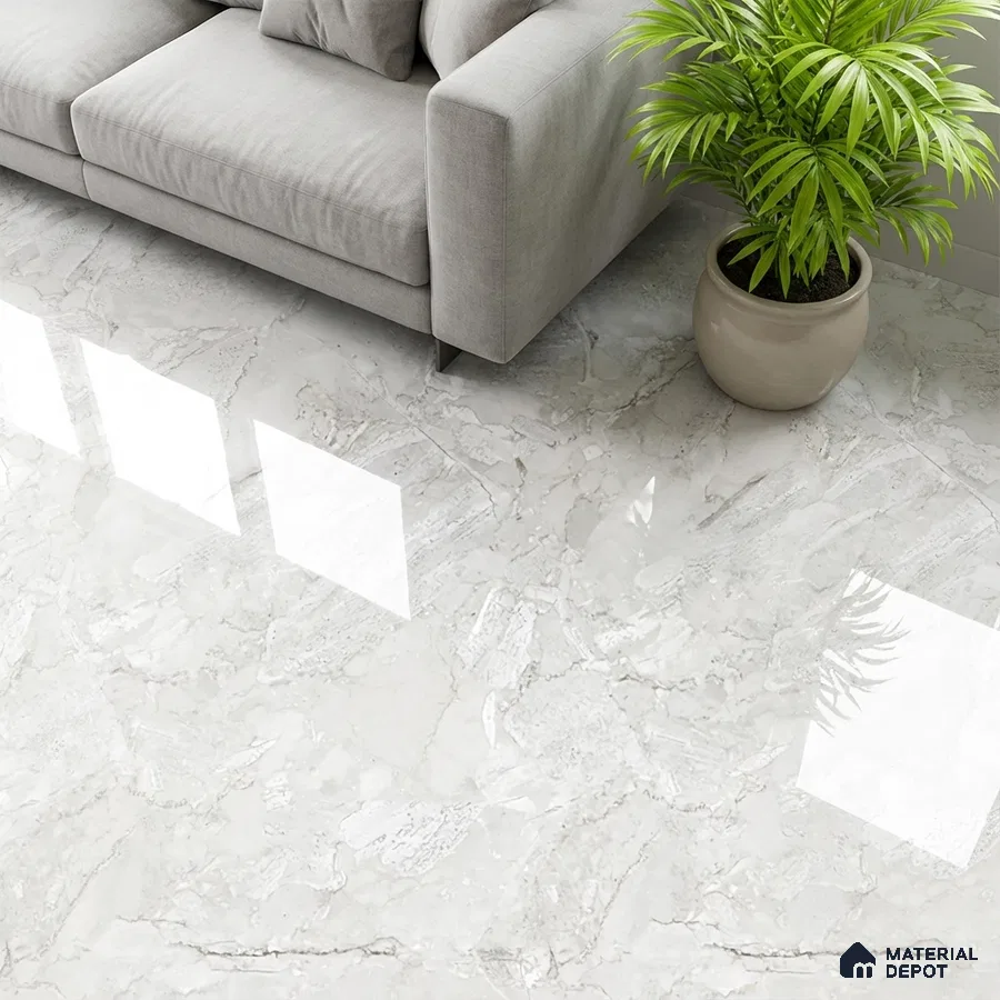 Modern living room with glossy marble-look floor tiles and light grey fabric sofa
