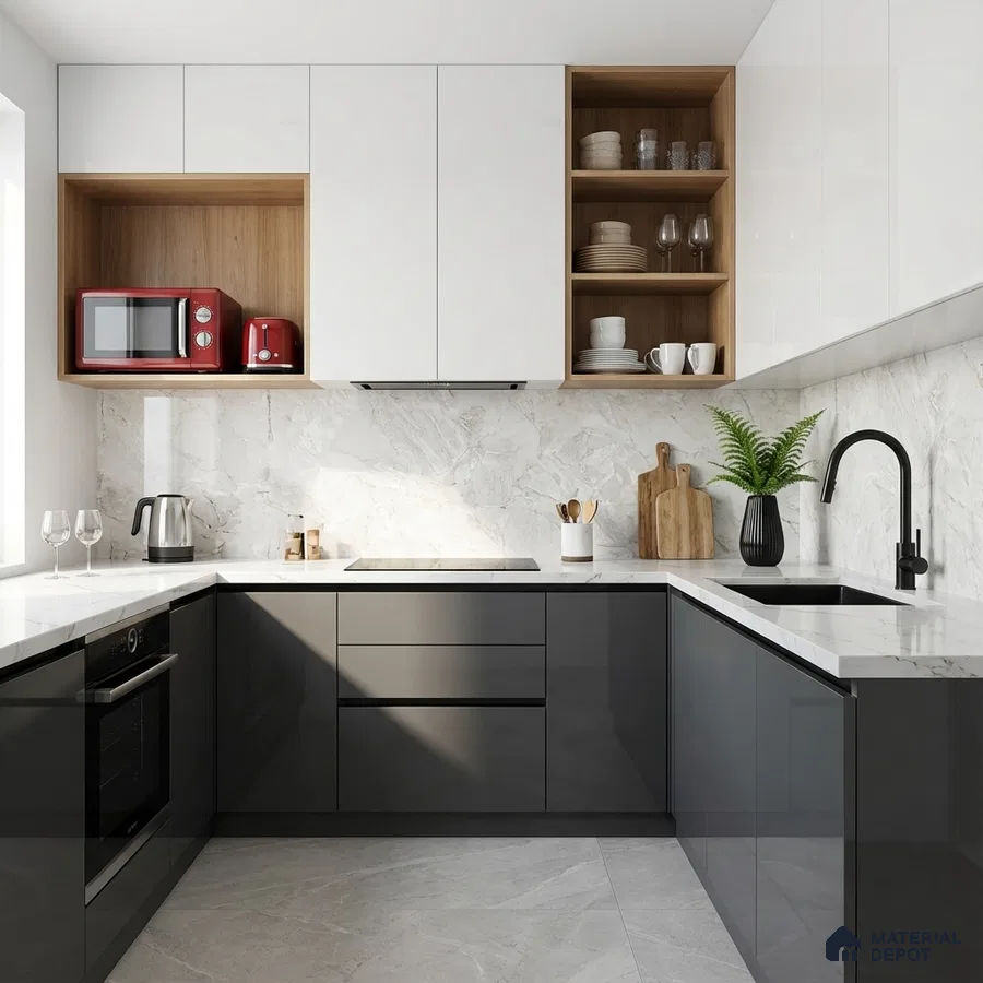 Modern dual tone kitchen with white marble laminate, glossy grey laminate, and marble backsplash