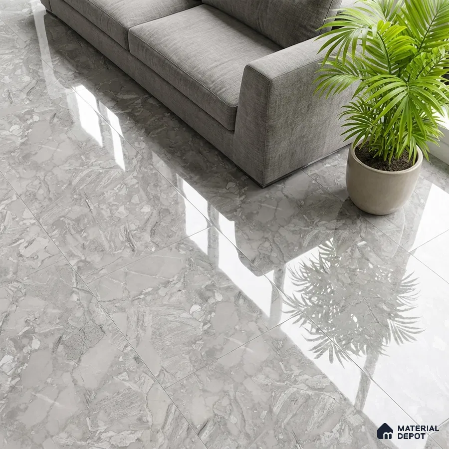 Modern living room with grey marble-look glossy floor tiles and grey fabric sofa
