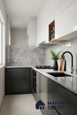Modern kitchen with grey marble backsplash, white and charcoal high gloss laminate cabinets