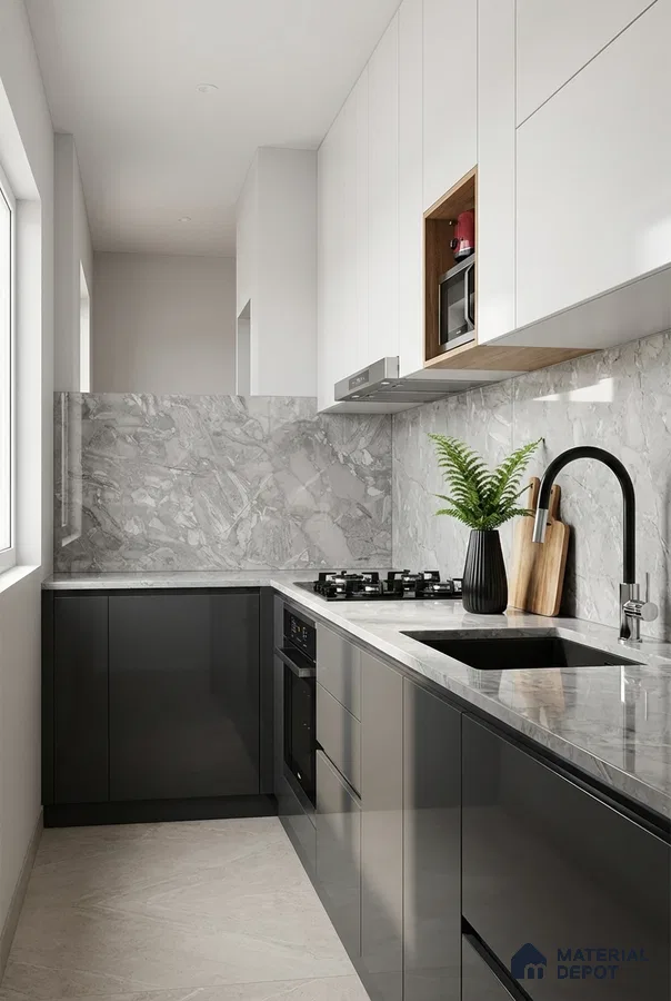 Modern kitchen with grey marble backsplash, white and charcoal high gloss laminate cabinets