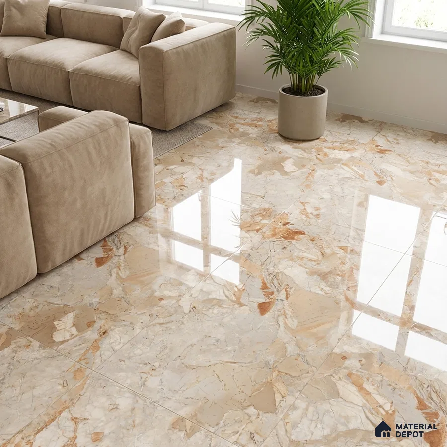 Modern living room with beige marble-look glossy floor tiles and suede upholstered sofa