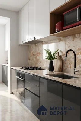 Modern kitchen with glossy grey laminate, white solid laminate, and beige marble backsplash