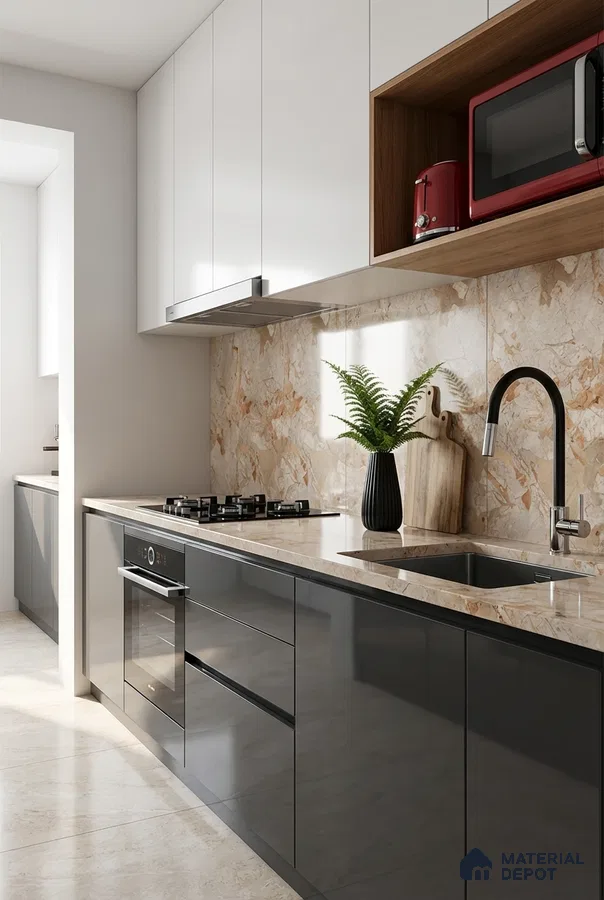 Modern kitchen with glossy grey laminate, white solid laminate, and beige marble backsplash