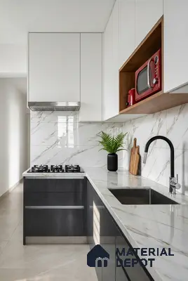 Modern kitchen with white marble-look backsplash tile, glossy grey laminate base cabinets, and white solid laminate wall cabinets