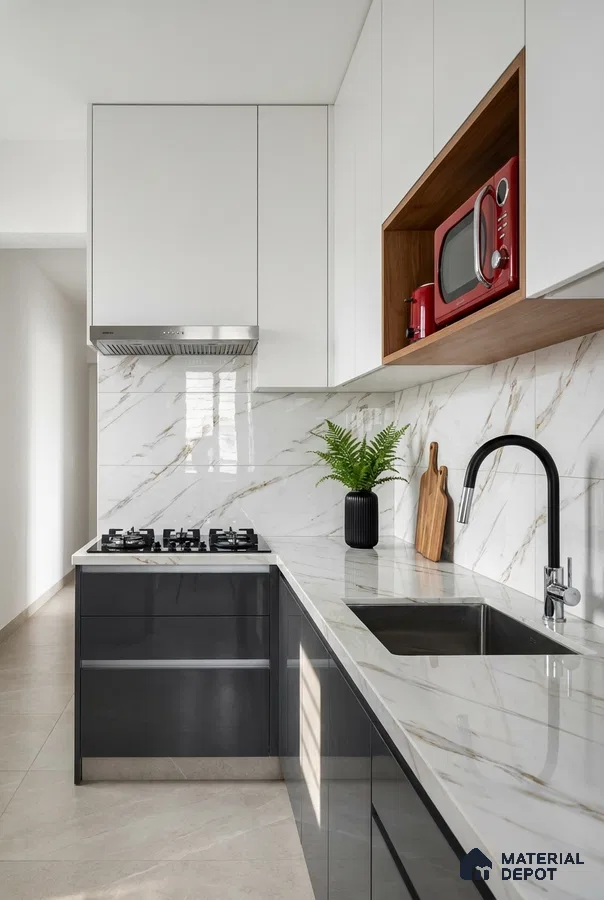 Modern kitchen with white marble-look backsplash tile, glossy grey laminate base cabinets, and white solid laminate wall cabinets