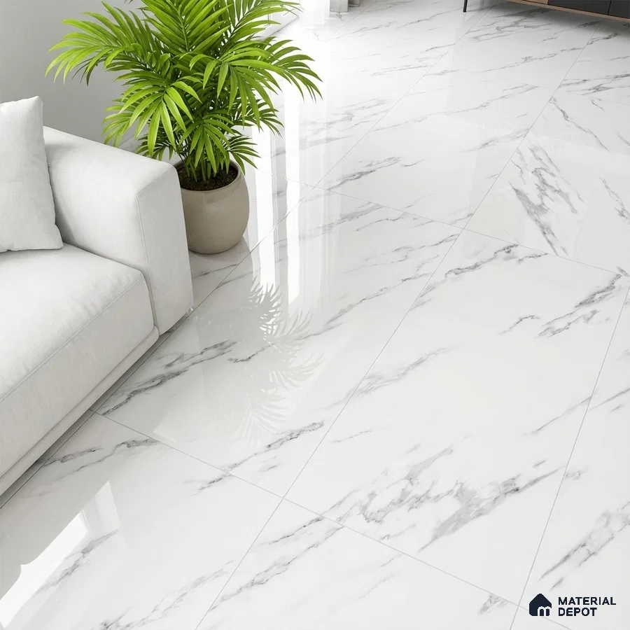 Modern living room with white marble-look glossy floor tiles