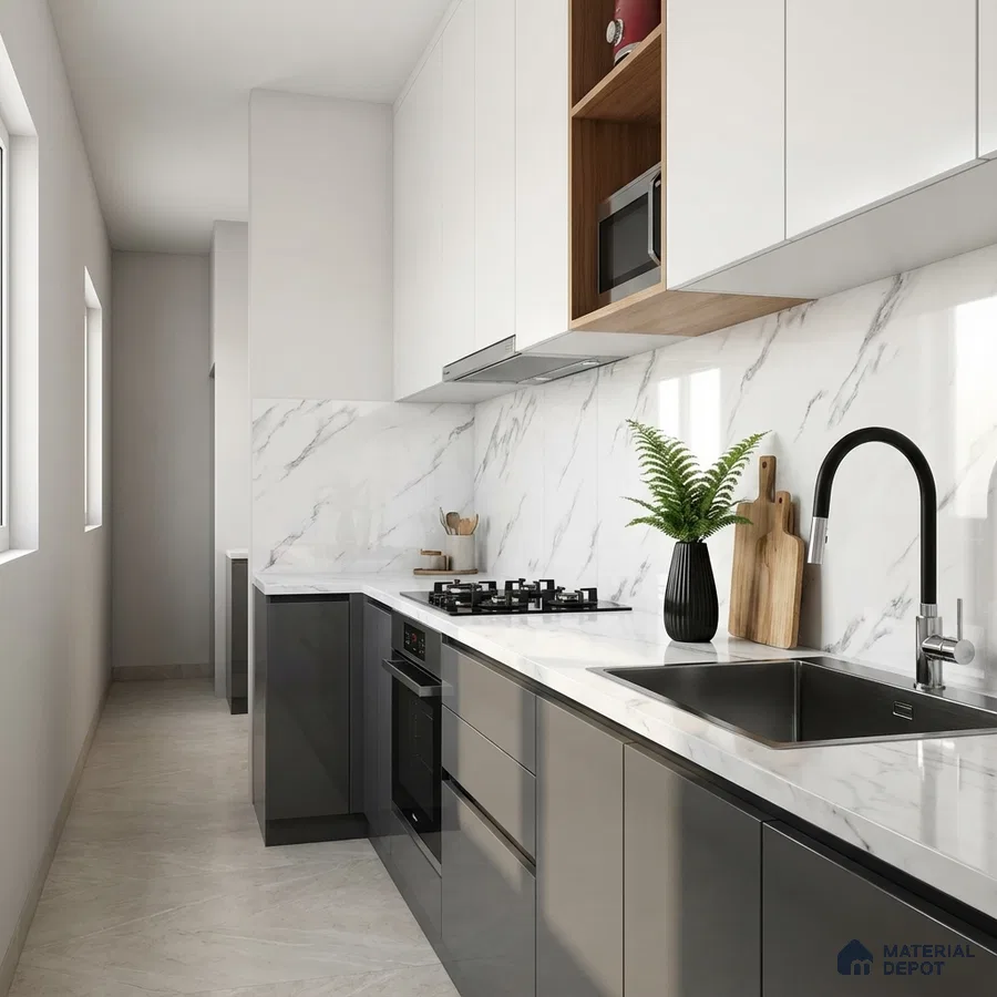 Modern parallel kitchen with white marble-look laminate, glossy grey laminate, and marble backsplash