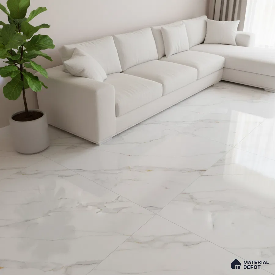 Minimalist living room with white marble floor tiles and ivory fabric sectional sofa