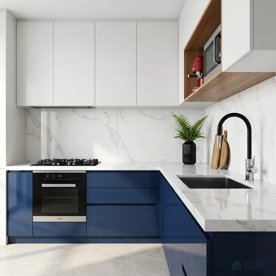 Modern dual tone kitchen with navy blue high gloss laminate, frosty white laminate, and white marble-look backsplash