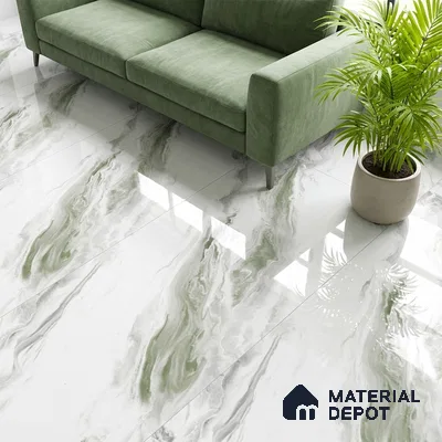 Modern living room with green marble-look glossy floor tiles and sage green fabric sofa