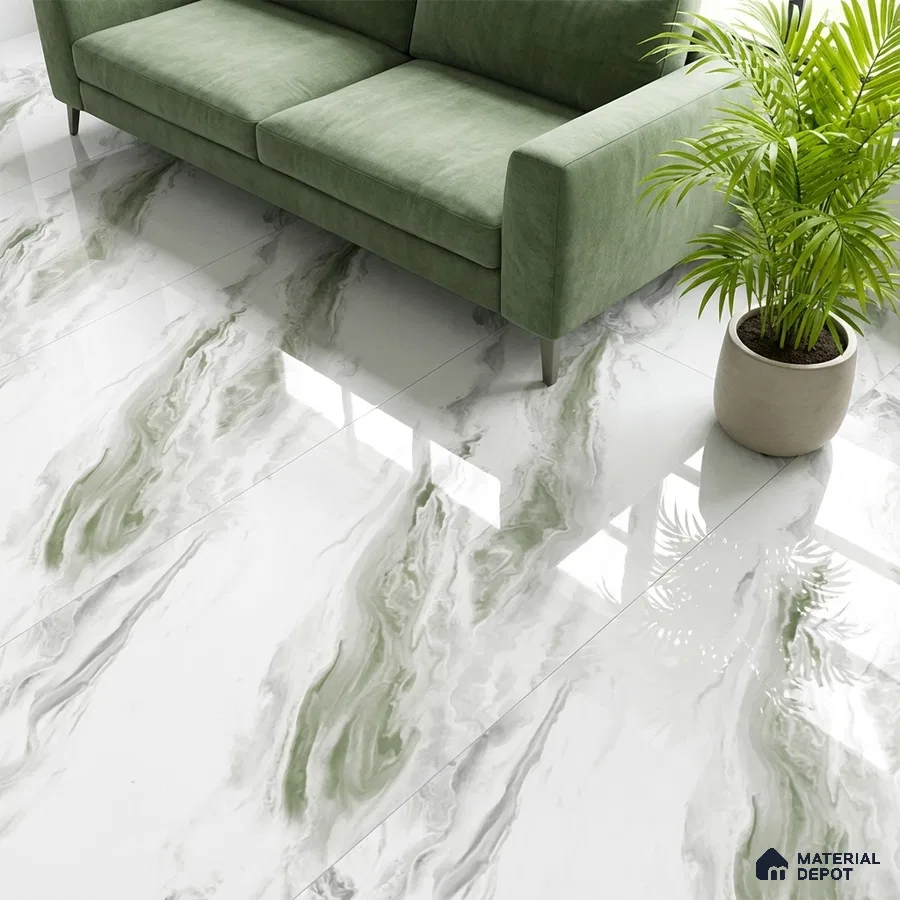 Modern living room with green marble-look glossy floor tiles and sage green fabric sofa