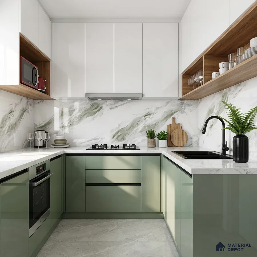 Modern kitchen with sage green and white laminate, marble-look backsplash, and quartz countertop