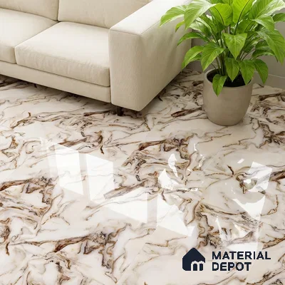 Modern living room with glossy marble-look floor tiles and beige sofa
